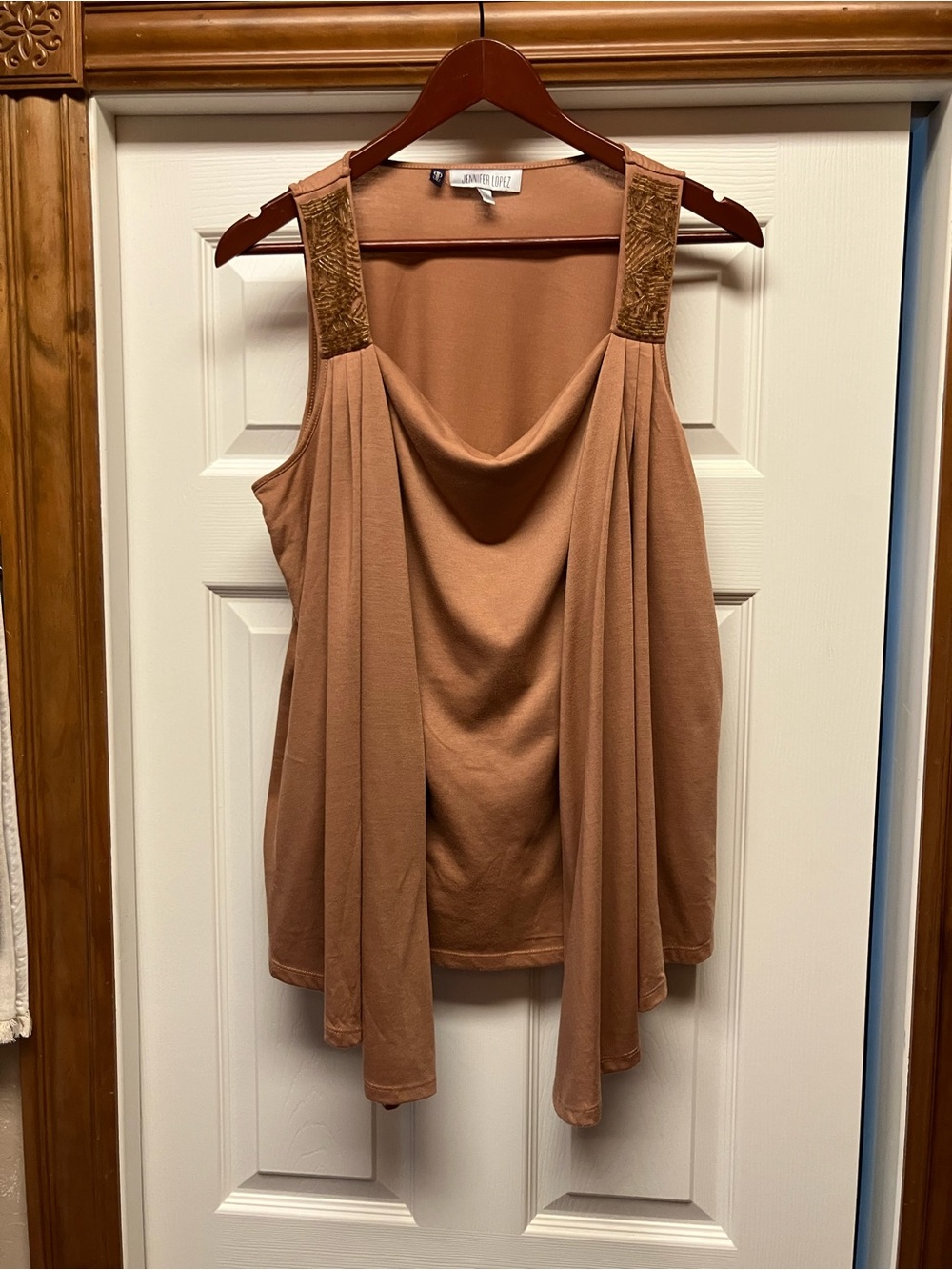 Jennifer Lopez Rust-Tan Draped Sleeveless Top with Embroidered Shoulders